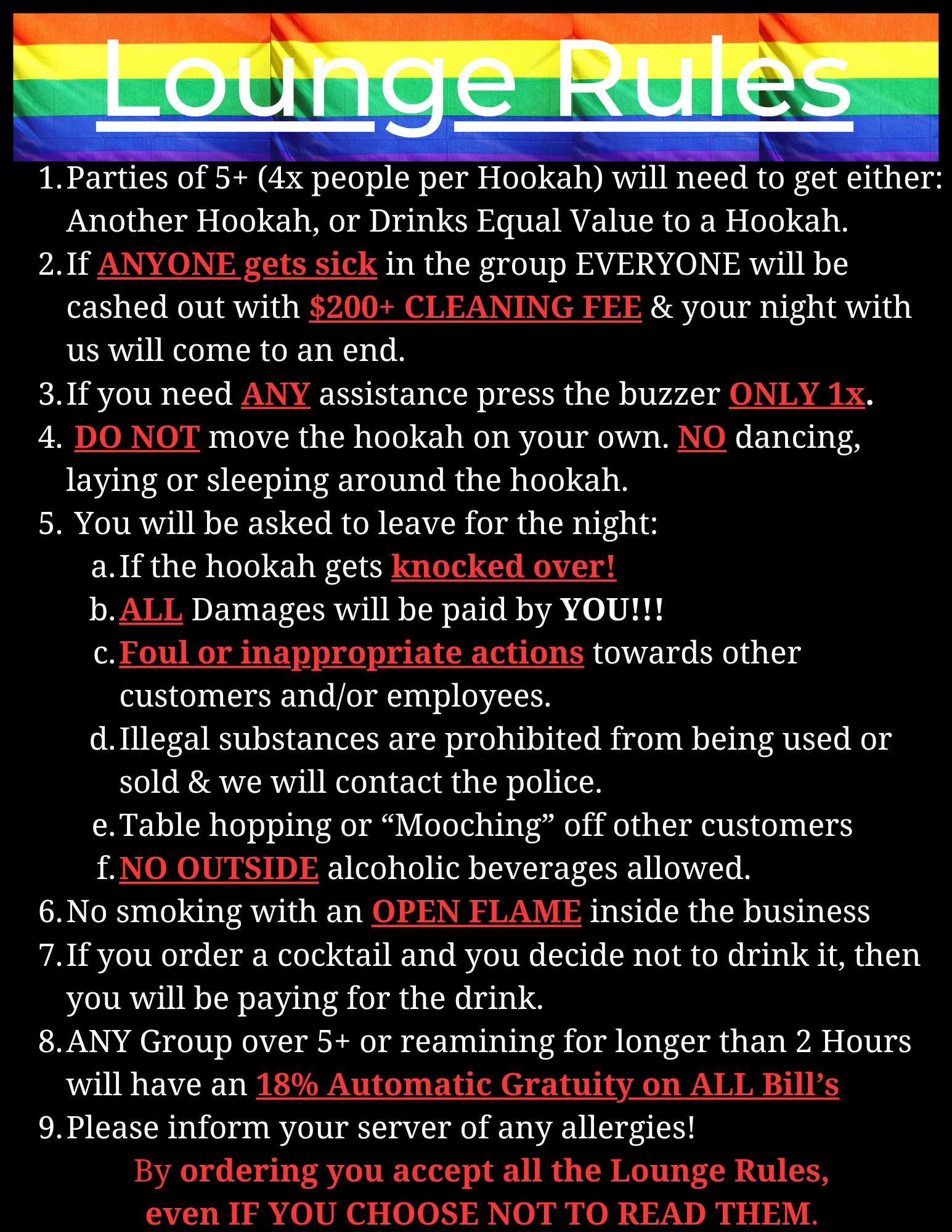 Hookava Lounge Rules poster with rainbow Pride flag header